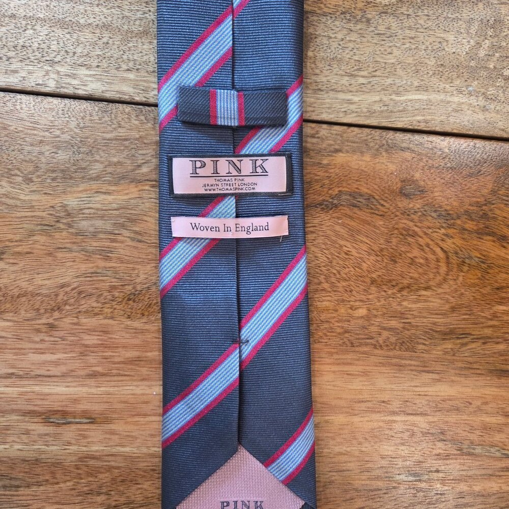 Thomas Pink Woven in England Silk Black And Pink Stripe Tie (3")(Free tie-clip)
